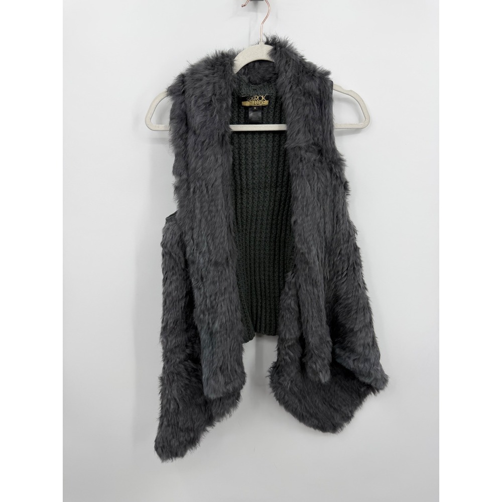 La Rok Luxe Rabbit Fur Knit Vest Womens Medium Grey Open Front Asymmetrical